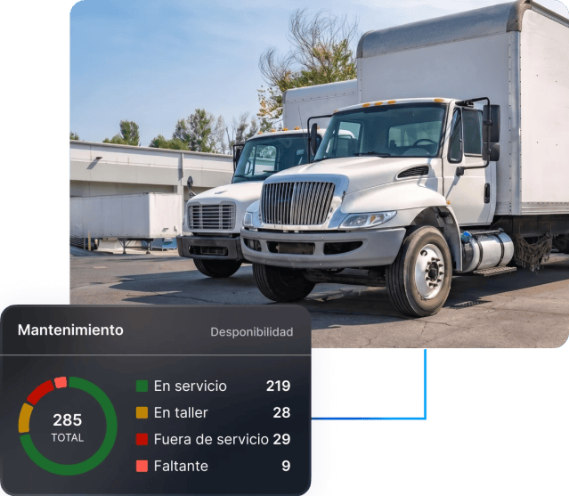 2 camiones blancos estacionados en un depósito con una superposición codificada por colores de mantenimiento de flota de Motive que muestra la cantidad de camiones en servicio, en taller, fuera de servicio y faltantes