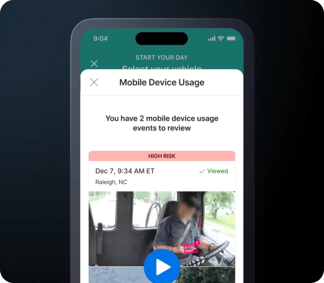 Mobile Device Usage alerts for review on Motive Driver app.