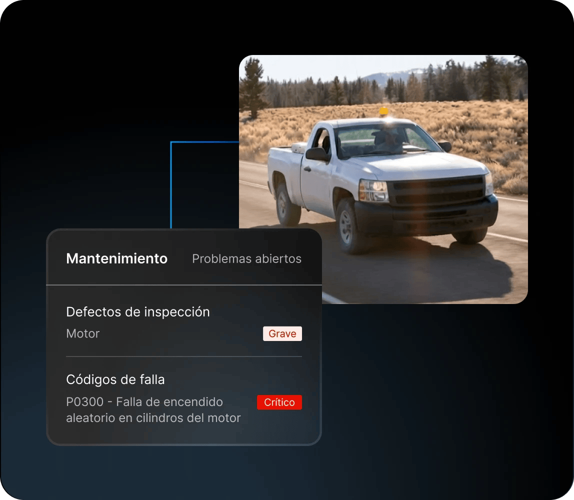 camioneta pickup blanca que muestra problemas abiertos de mantenimiento de flota, específicamente un código de falla crítico por fallo de encendido del cilindro y una falla de inspección en el motor