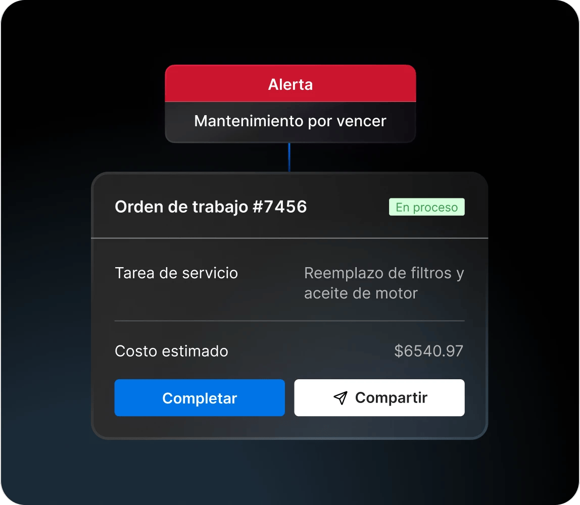 alerta de mantenimiento de flota en la app de Motive por mantenimiento próximo a vencer con una orden de trabajo en progreso para el cambio de aceite y filtro con costo estimado