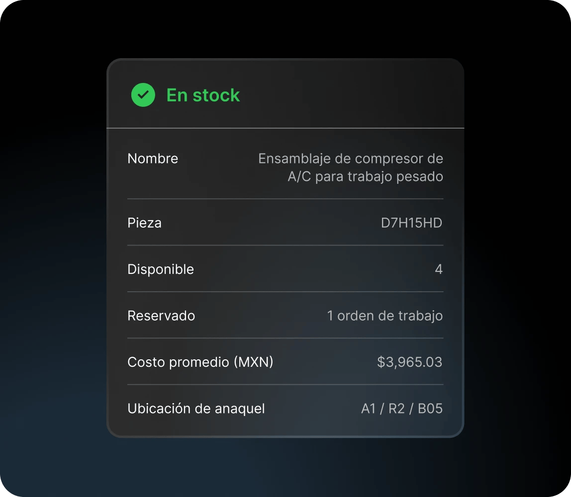 módulo del panel que muestra el inventario de partes de mantenimiento para el ensamble del compresor de aire acondicionado con el costo y la ubicación en el taller de mantenimiento