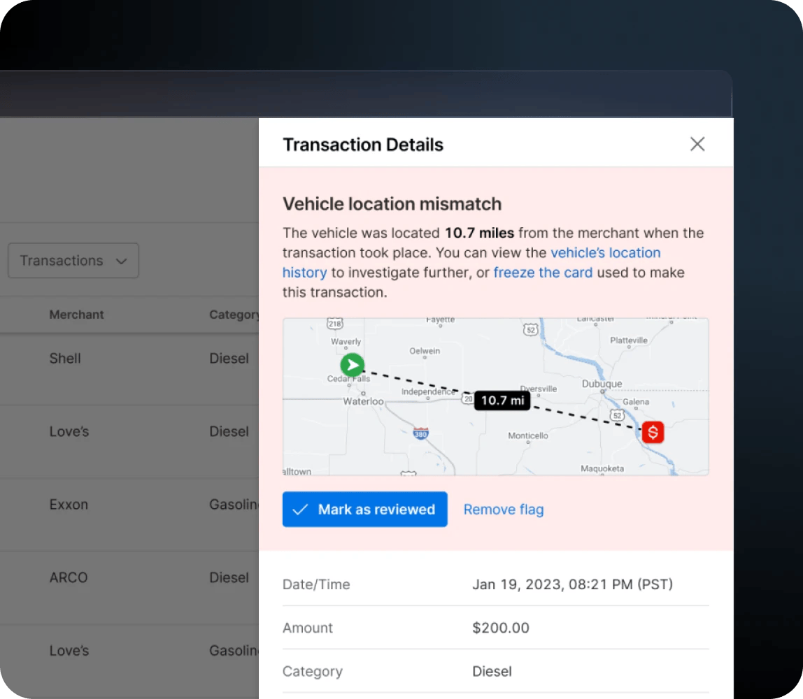 Motive Card transaction details panel showing a vehicle location mismatch alert.